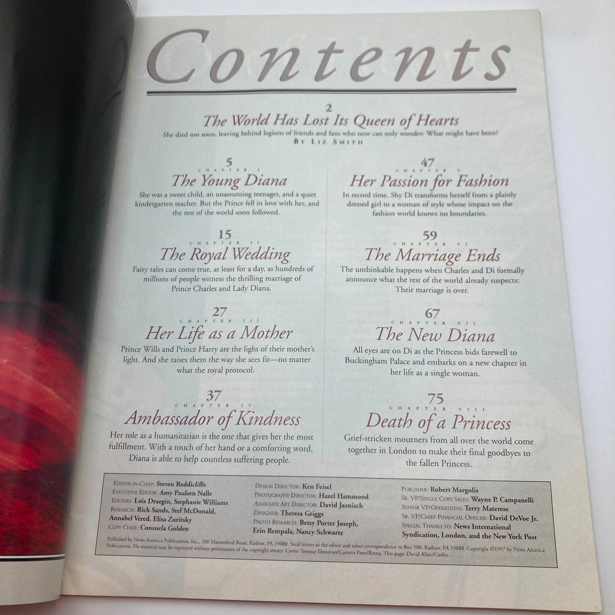 Table of contents from TV Guide Magazine 1991 detailing chapters on Princess Diana's life, including her marriage and role as an ambassador.