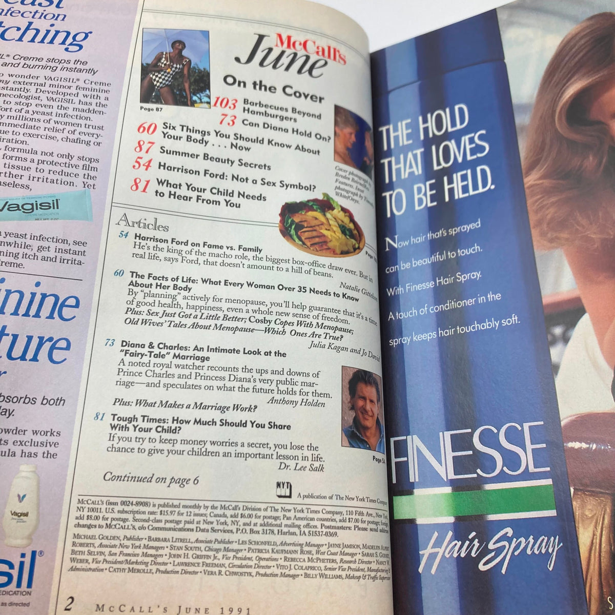 Inside page of McCall's Magazine June 1991 detailing articles on health and beauty, including features on Princess Diana and Charles.
