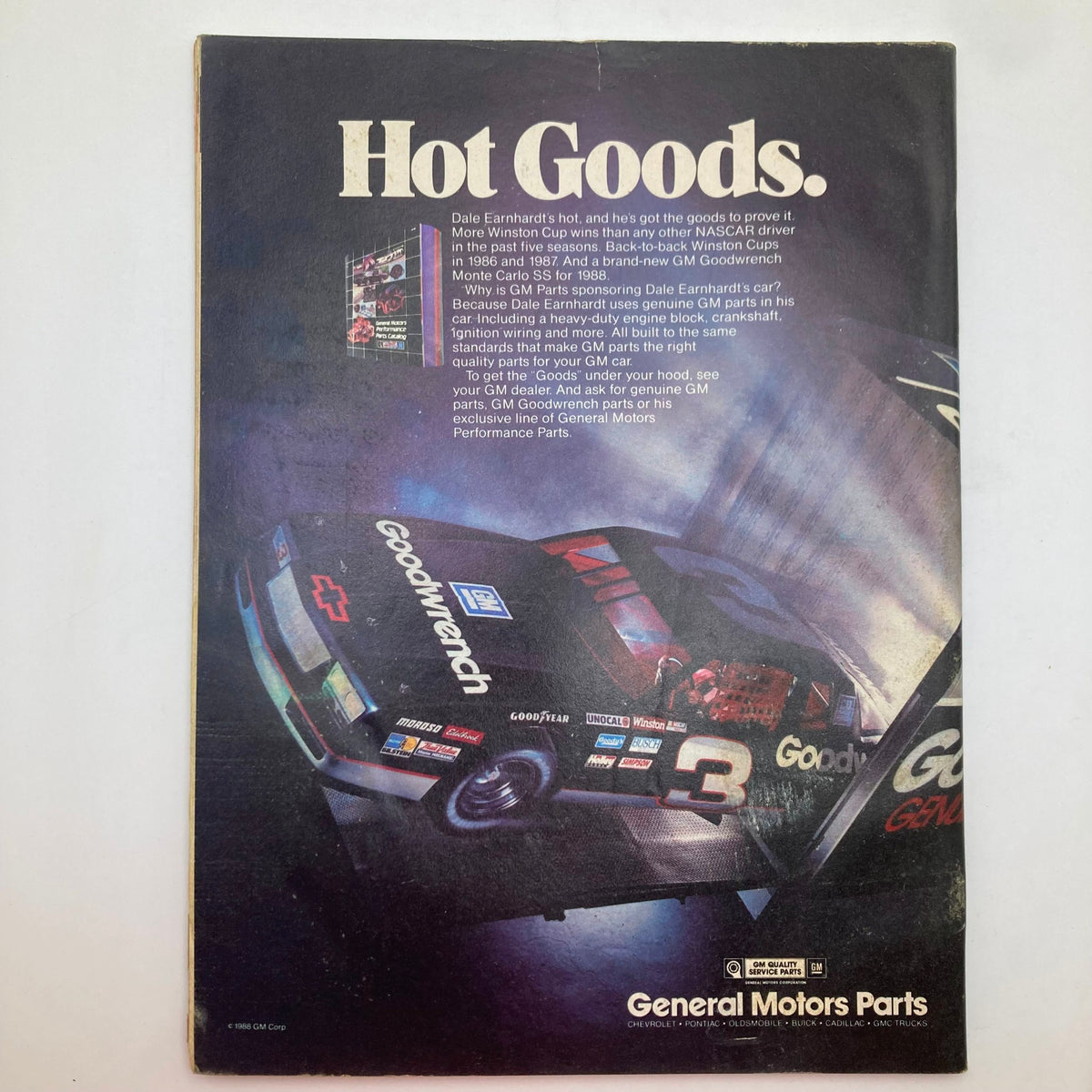 Back cover of VTG Stock Car Racing Magazine May 1988 featuring promotional content for Dale Earnhardt and General Motors parts.
