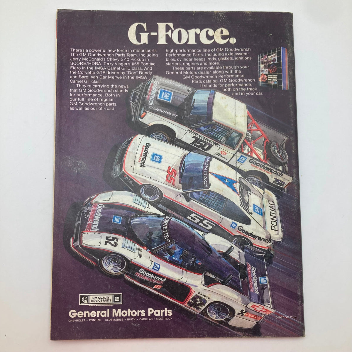 Back cover of VTG Stock Car Racing Magazine December 1987 displaying promotional content for GM Goodwrench Performance Parts and iconic racing cars.