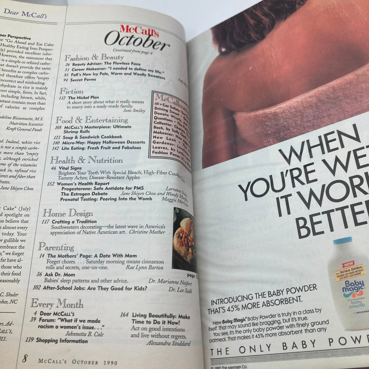 Inside page of McCall's Magazine October 1990 displaying the table of contents, including various sections like Food & Entertaining, Health & Nutrition, and Parenting.