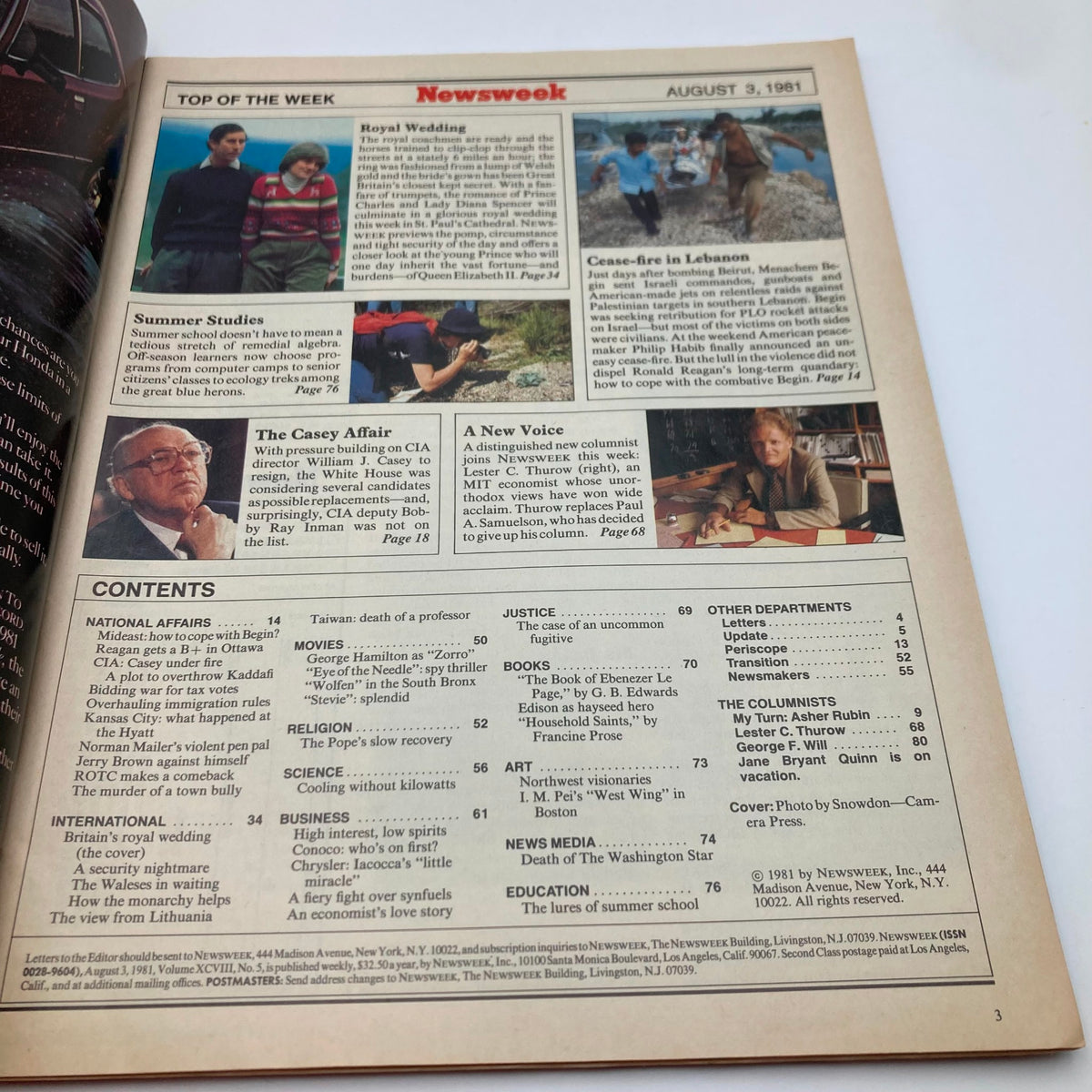 Inside page of Newsweek Magazine dated August 3, 1981, showcasing the contents including articles about the royal wedding of Prince Charles and Princess Diana, and various other news topics.
