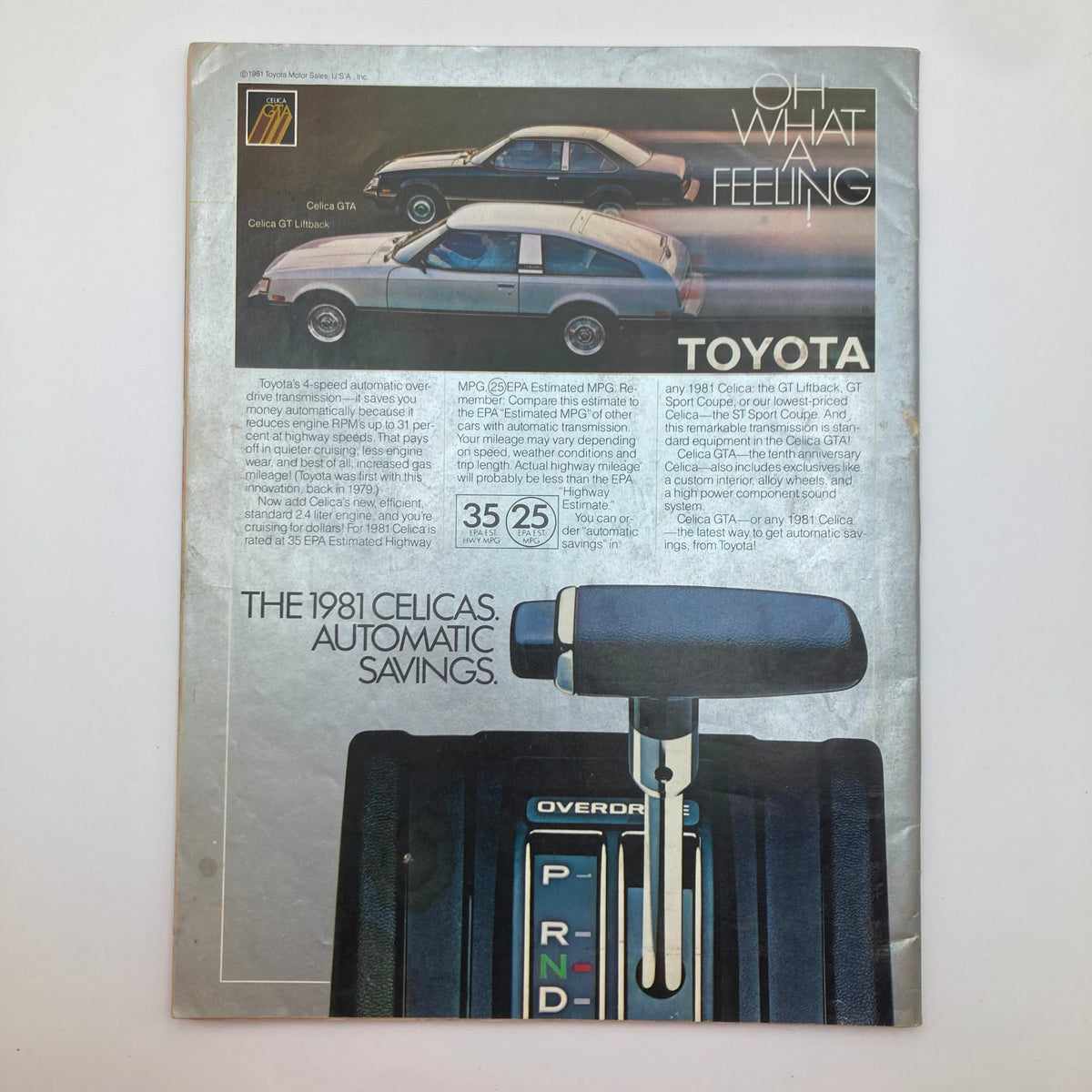 Vintage advertisement from Newsweek Magazine featuring the 1981 Toyota Celica, showcasing the Celica GT Liftback and details about its automatic transmission and fuel efficiency. This ad highlights the model as a part of the iconic Prince Charles and Princess Diana royal wedding coverage from August 3, 1981.