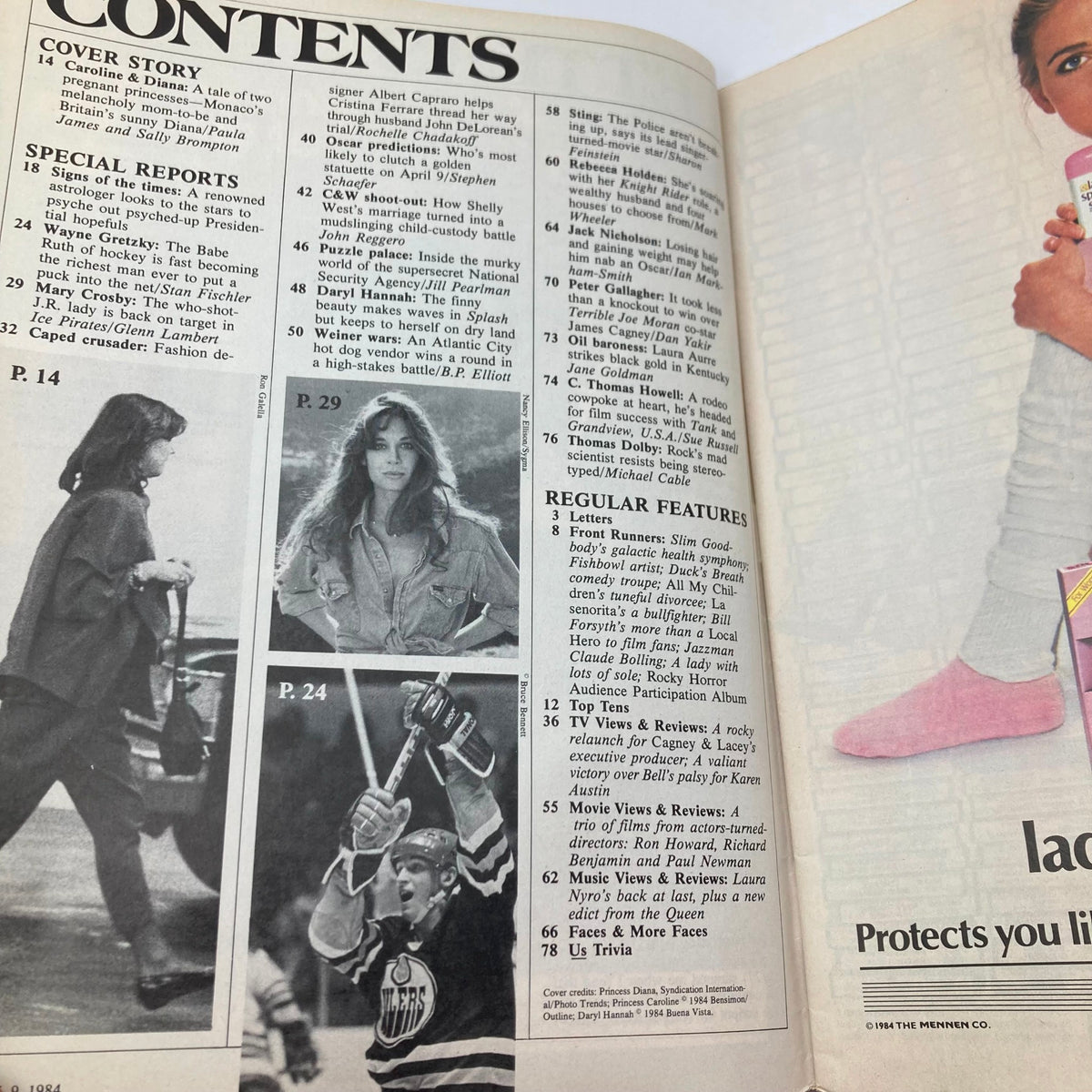 Contents page of the April 9, 1984 issue of US Magazine, showcasing various articles and features, including insight into celebrity culture and notable personalities from the 1980s.