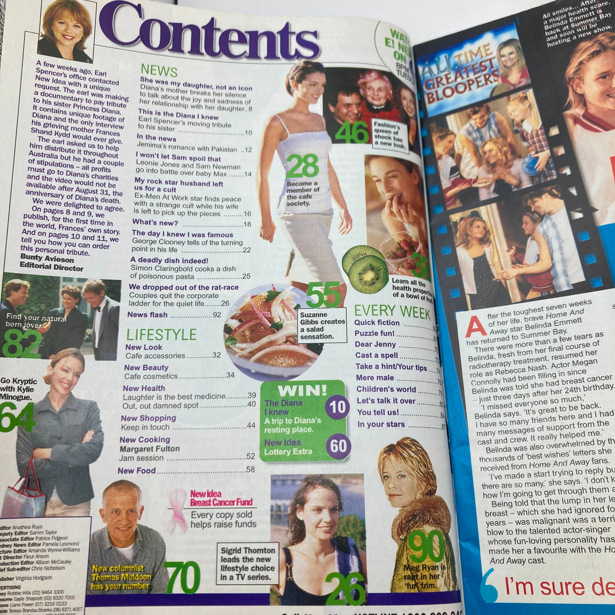 Contents page of New Idea Magazine from July 18, 1998 showcasing articles about Princess Diana, Belinda Emmett, and various lifestyle features.