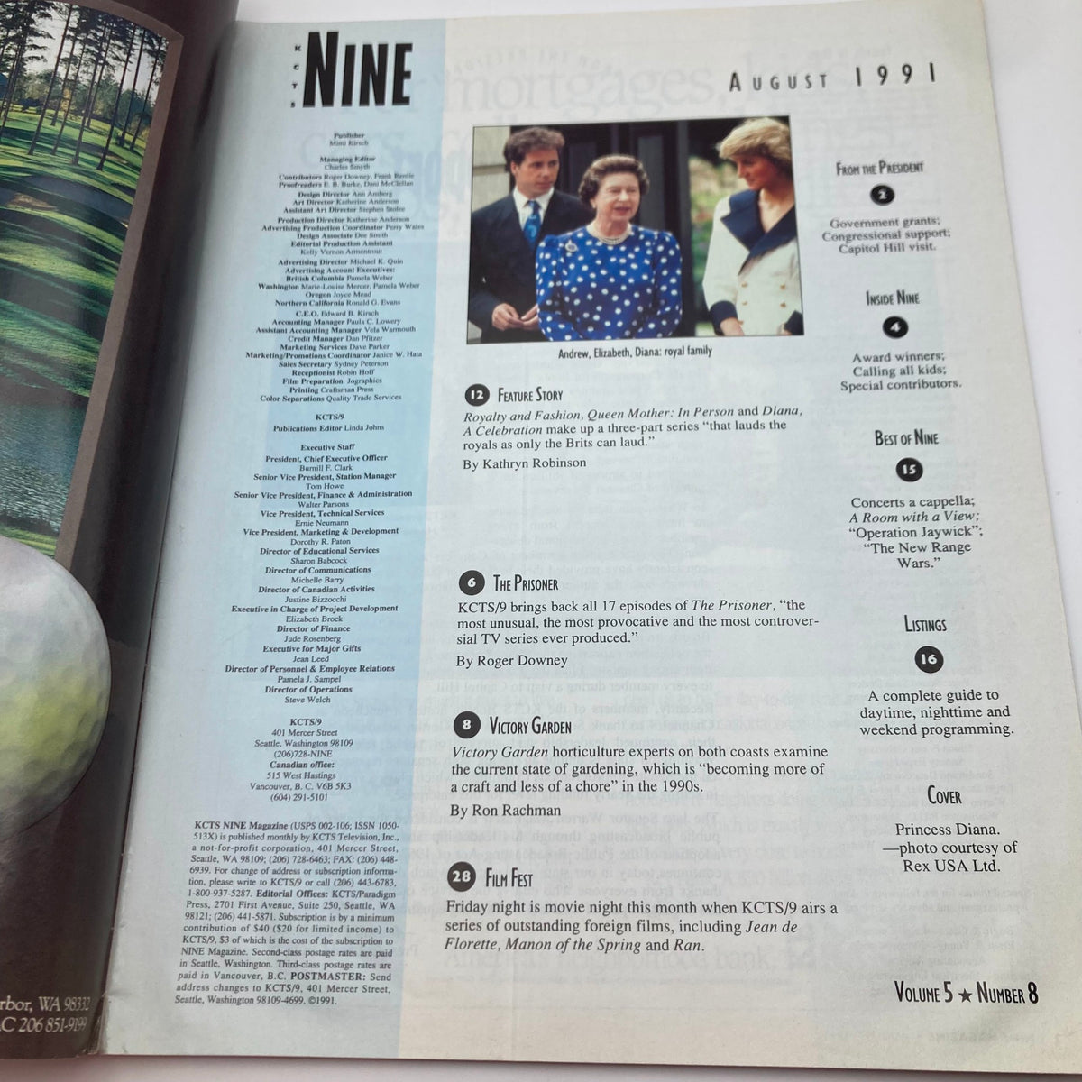 An interior page of KCTS Nine Magazine from August 1991, showing articles and features, including a section about Princess Diana.