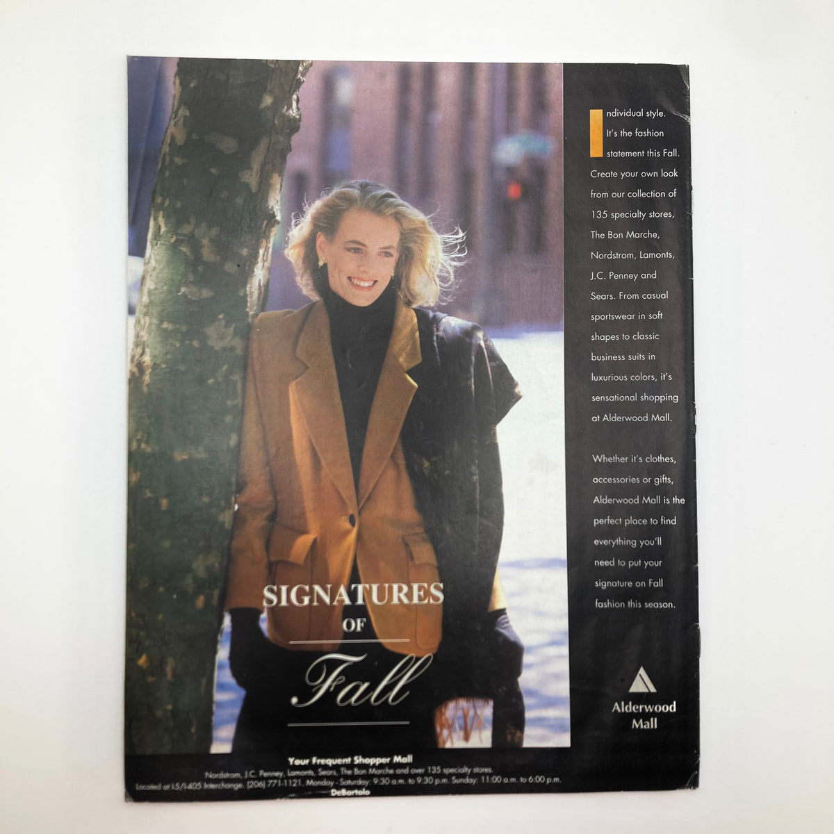 Back cover of KCTS Nine Magazine, August 1991, showcasing a fashion advertisement for Alderwood Mall, highlighting seasonal styles.