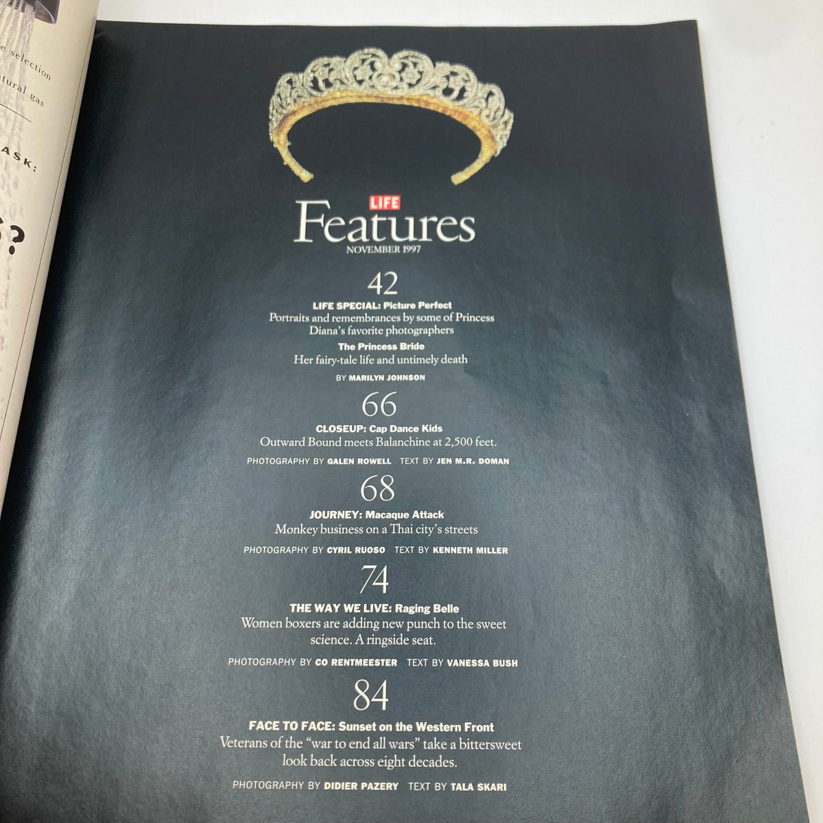 Interior page of Life Magazine November 1997 featuring a royal tiara, part of the article dedicated to Princess Diana's favorite photographers.