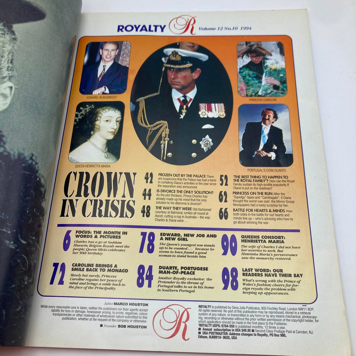 Interior page of Royal Magazine 1994 Vol 12 No. 10, displaying contents and articles about royal affairs, including features on various royals during a period of crisis.