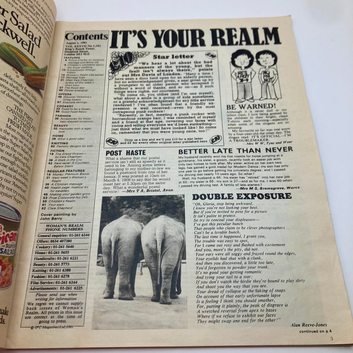 Inside page of Woman's Realm Magazine August 1 1981, detailing contents including articles and features, set against a nostalgic backdrop.