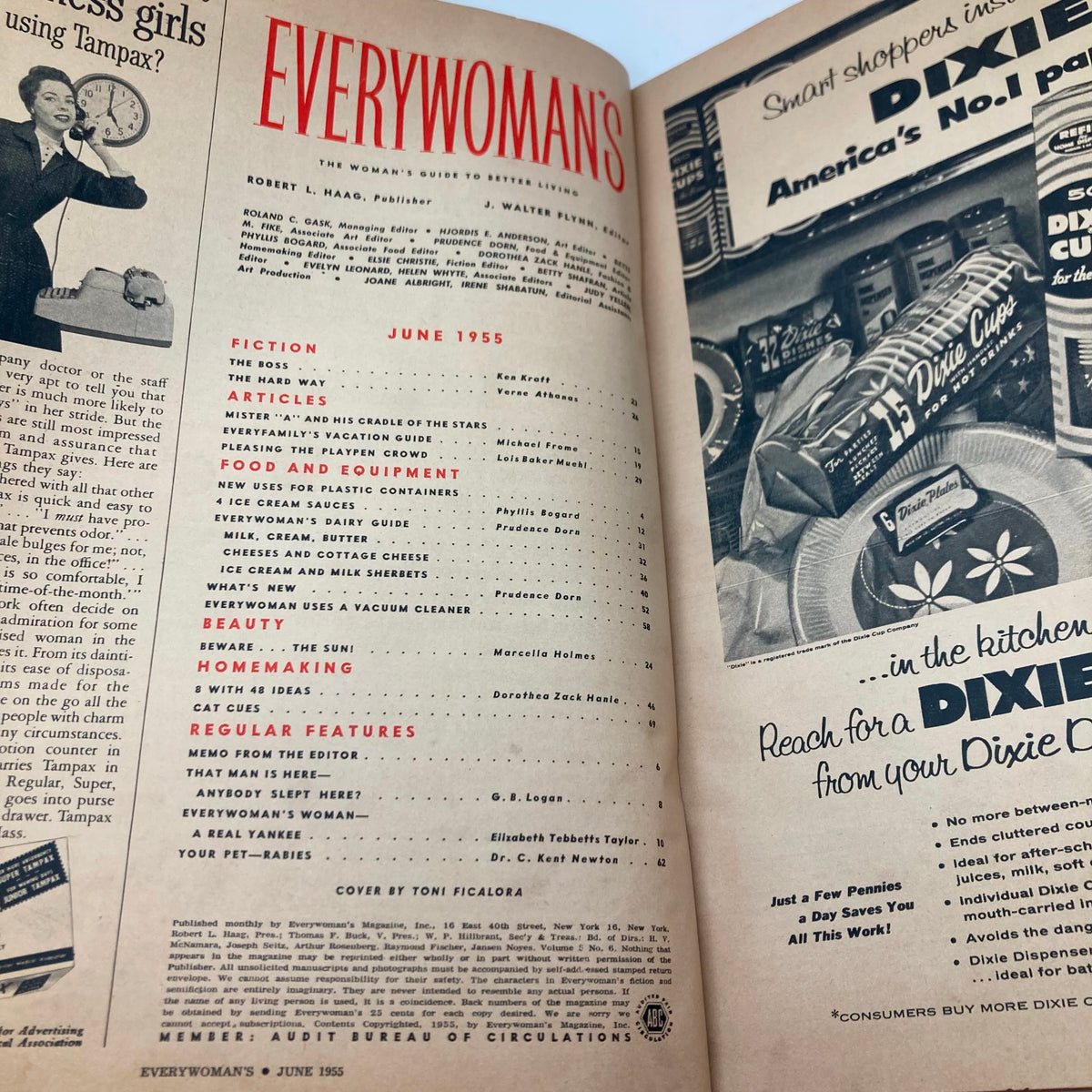 VTG Everywoman's Magazine July 1955 showing the table of contents with articles including 'Mister A & His Cradle of The Stars' and features reflecting 1950s fashion and lifestyle.