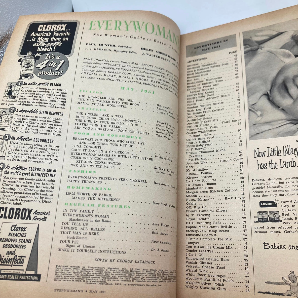 Interior page of VTG Everywoman's Magazine May 1951 showcasing a table of contents and advertisements including Clorox and various household articles.