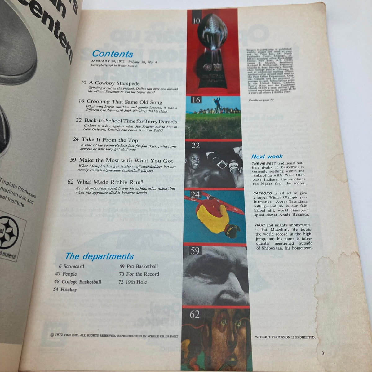 Table of contents page from Sports Illustrated Magazine, January 24, 1972, highlighting articles and features including the football section.