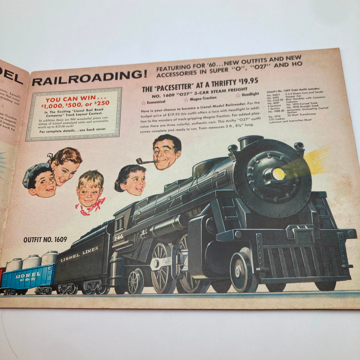 1960 Lionel Model Railroad Train O27 Catalog featuring the Pacesetter steam locomotive with creative illustrations and promotional details.