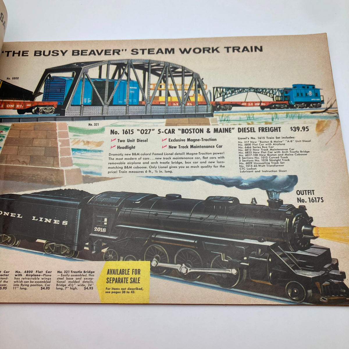 Another interior page of the 1959 Lionel Model Railroad Train 'O27' Super 'O' and Ho Catalog displaying details of the 'Boston & Maine' Diesel freight train.