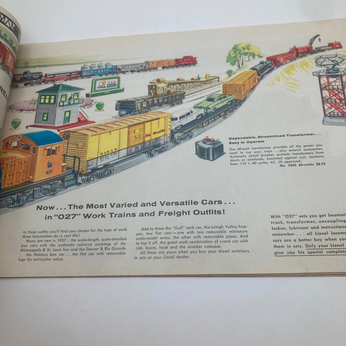 Page from the 1957 Lionel Model Railroad Train New Super 'O' Track Catalog illustrating the variety of '027' work trains and freight cars available.