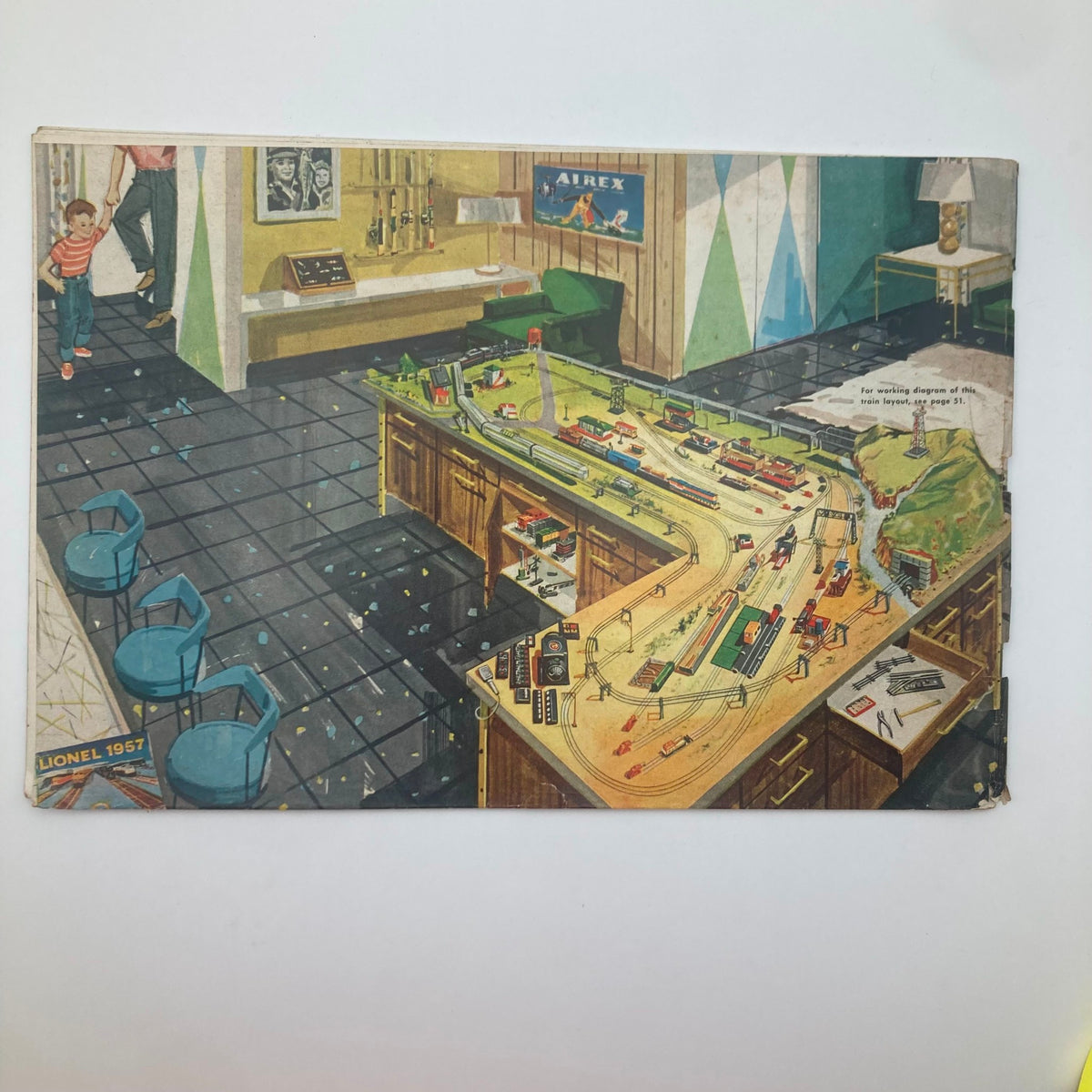 Illustration from the 1957 Lionel Model Railroad Train New Super 'O' Track Catalog showcasing a detailed model train layout in a vintage setting, featuring various train tracks and scenery designs.