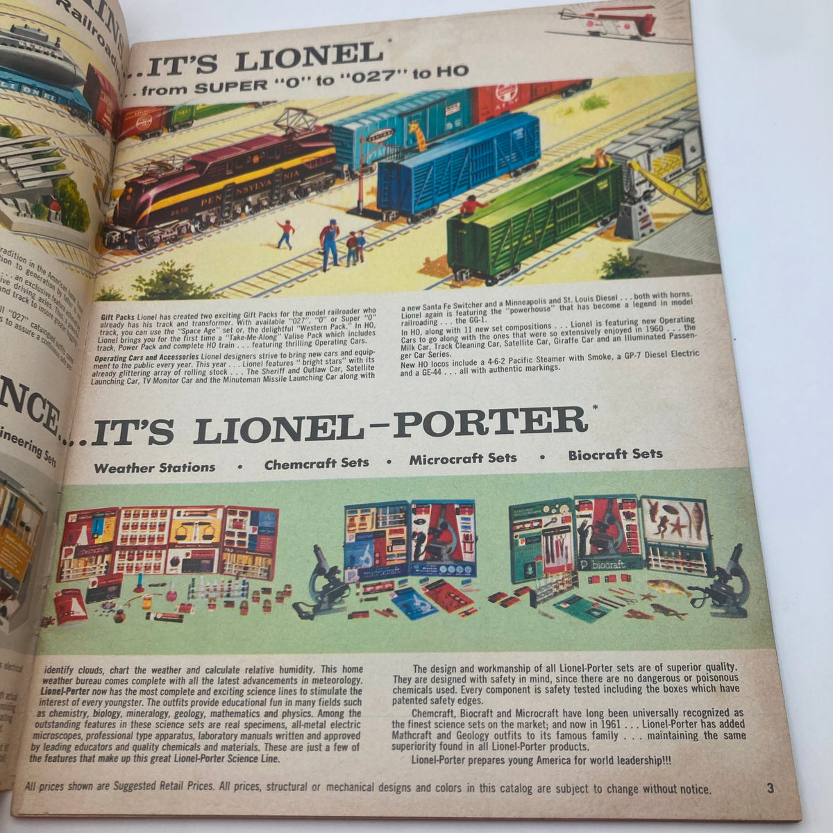 Inside page of the 1961 Lionel Model Railroad Train Porter Science Lines Catalog showcasing the Lionel-Porter product line including weather stations and microcraft sets with detailed illustrations.