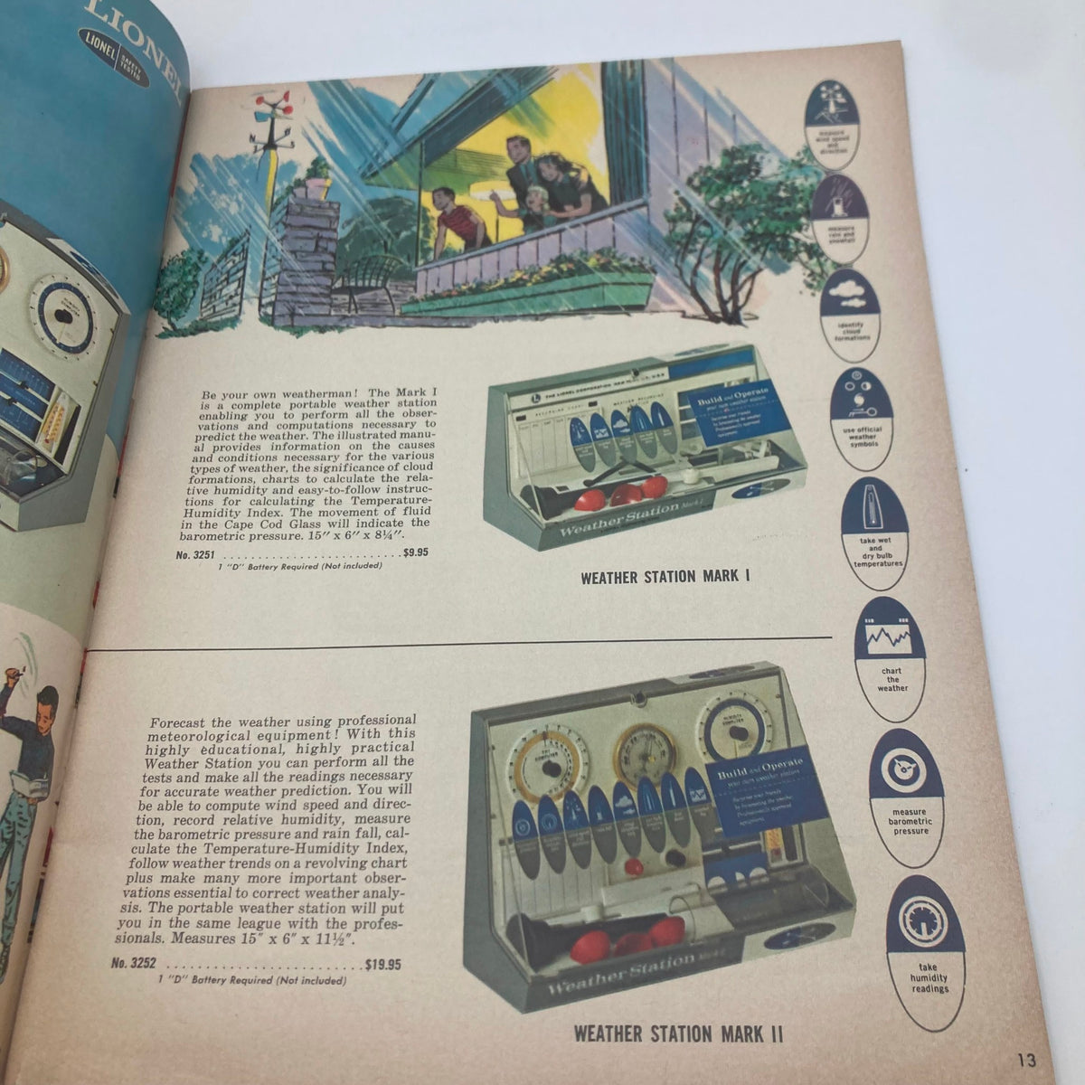 Another page from the 1961 Lionel Model Railroad Train Porter Science Lines Catalog featuring the Weather Station Mark I and Mark II products, highlighting their features and pricing.