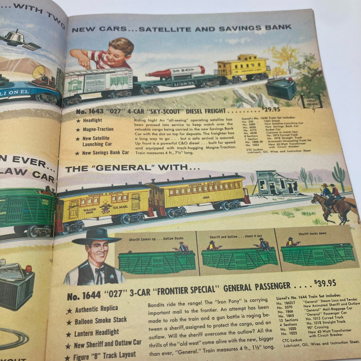 Interior page of the 1961 Lionel Model Railroad Train Porter Science Lines Catalog featuring illustrations of diesel freight cars, a savings bank car, and passenger cars, showcasing the diversity of model trains from the era.