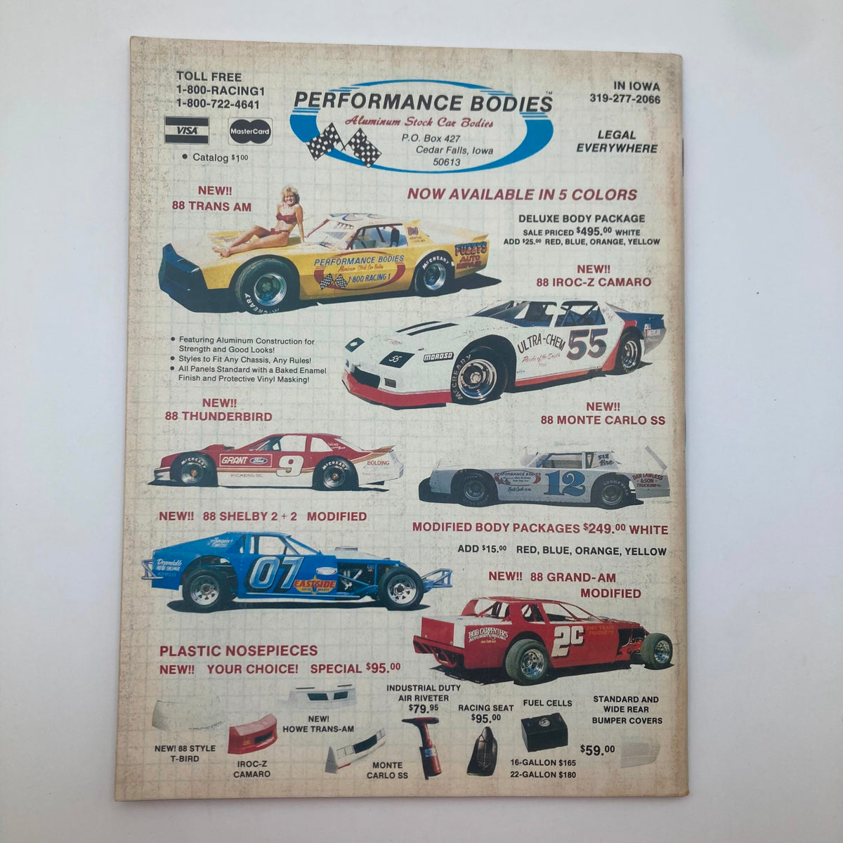 Back cover of VTG Stock Car Racing Magazine February 1988 featuring an advertisement for Performance Bodies, showcasing various stock car models and parts available for racing enthusiasts.