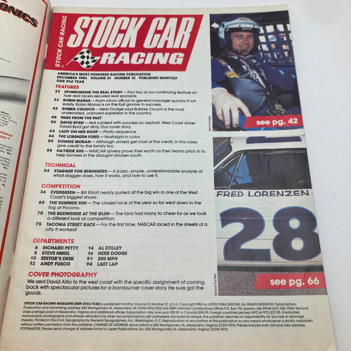Inside page of the VTG Stock Car Racing Magazine December 1986 showcasing features about sponsorships, competitions, and driver profiles including David Byrd and Fred Lorenzen.
