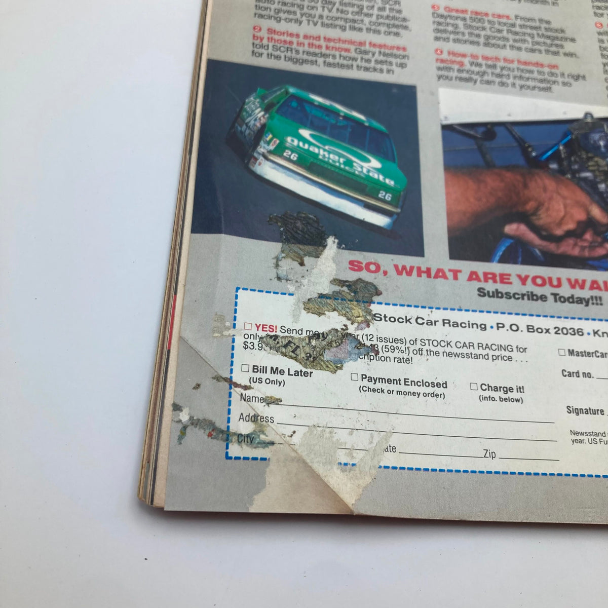 Side view of the back cover of VTG Classic Racer Magazine April 1989, showing subscription details and a damaged corner.