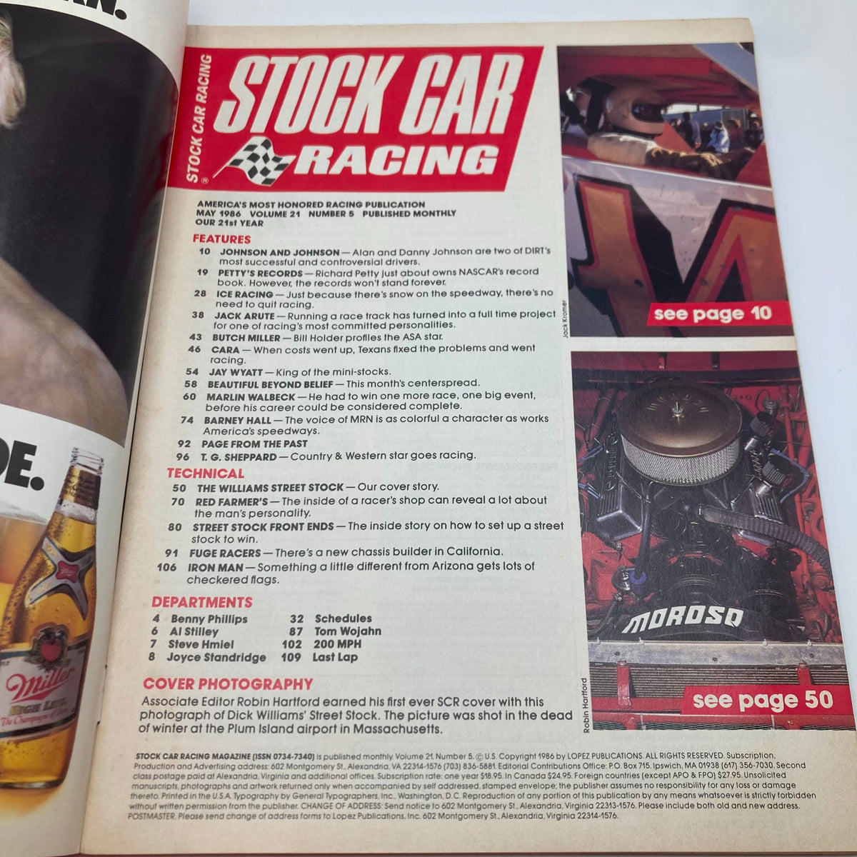 Stock Car Racing Magazine May 1986 featuring articles on Dick Williams' Street Stock team with vivid cover details highlighting the racing culture of the mid-80s.