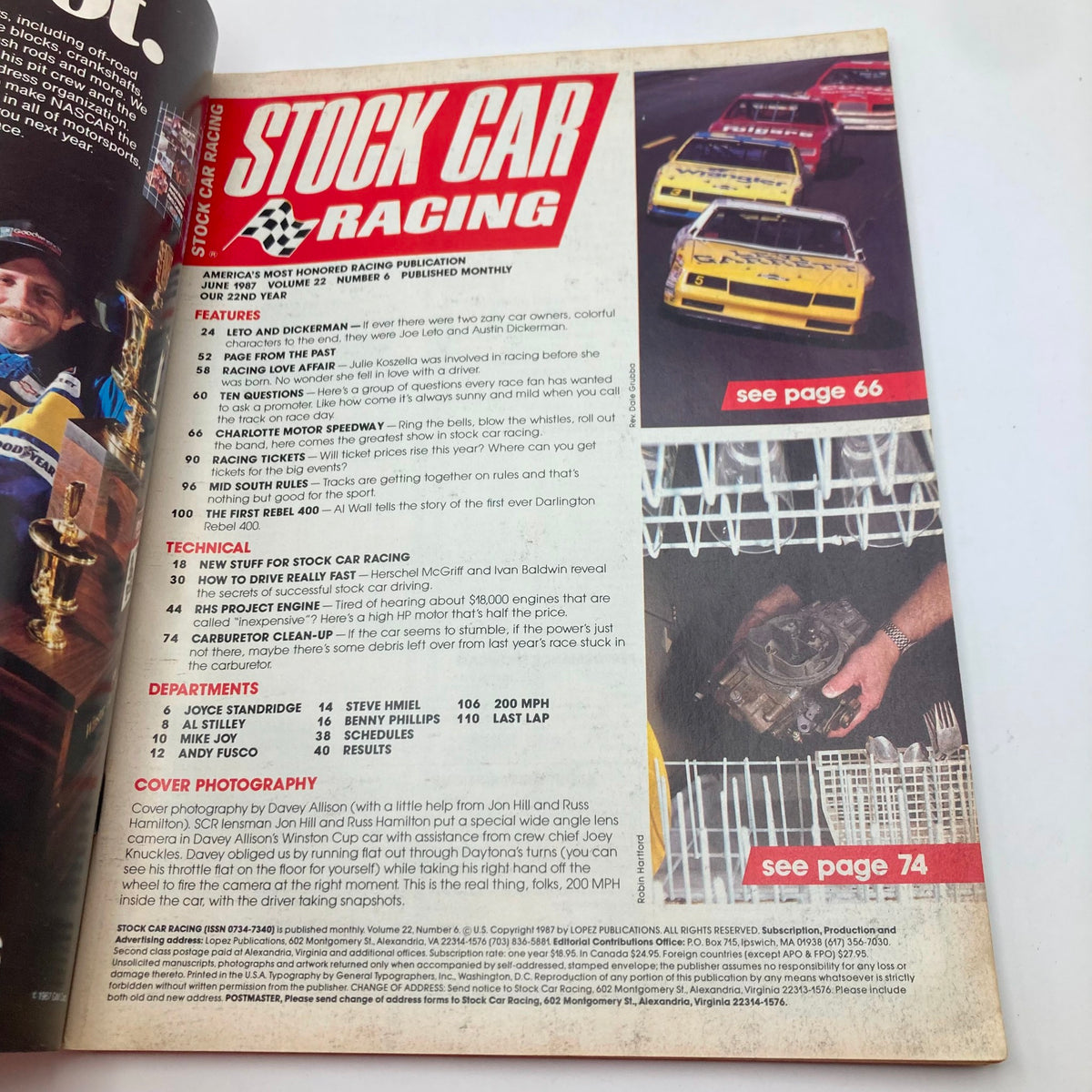 Inside layout of the VTG Stock Car Racing Magazine from June 1987 featuring articles about NASCAR, including highlights on Davey Allison's performance in the Winston Cup. The page showcases magazine sections and technical details from the era, ideal for racing enthusiasts.