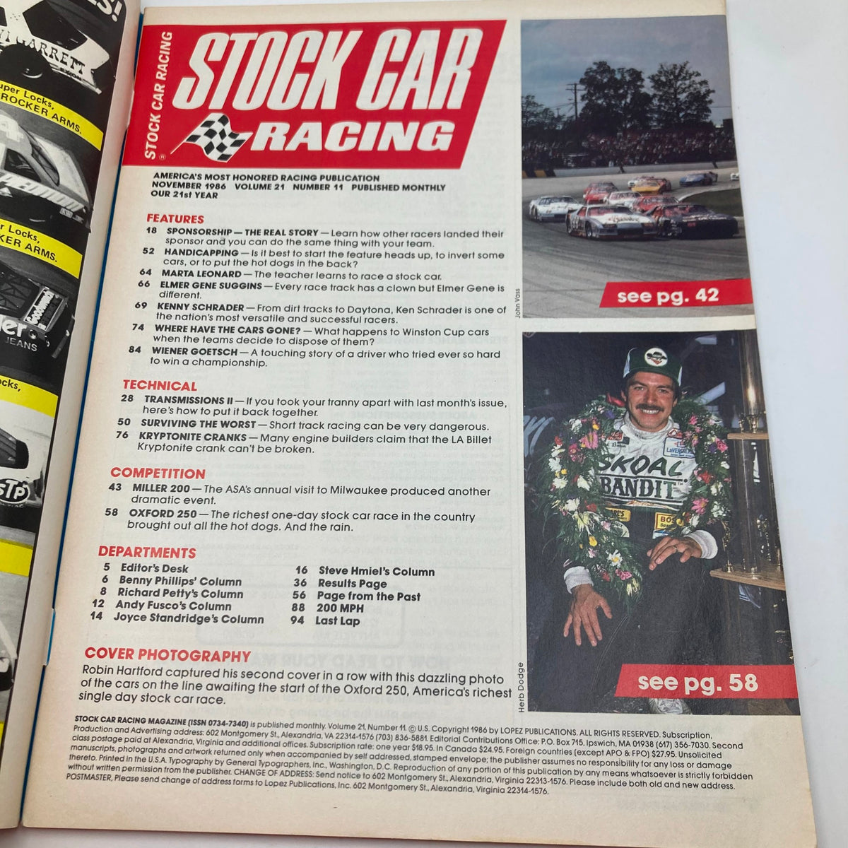 Inside page of Stock Car Racing magazine from November 1986, detailing features and technical articles related to stock car racing, emphasizing the Oxford 250.