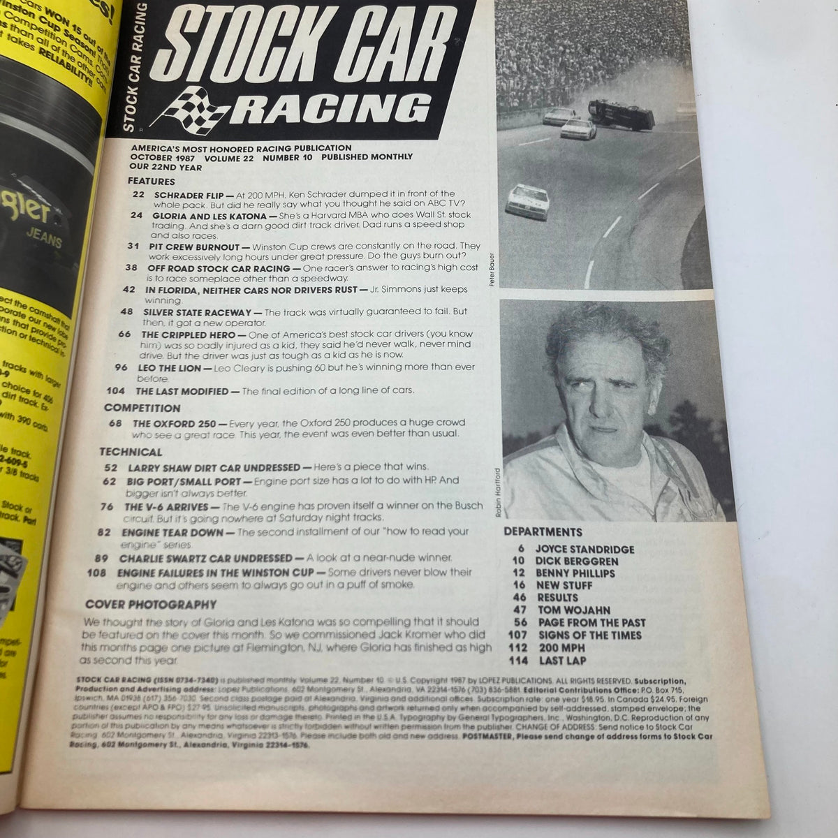 Interior page of the VTG Stock Car Racing Magazine October 1987 showcasing articles, features, and photographs of stock car racing events.