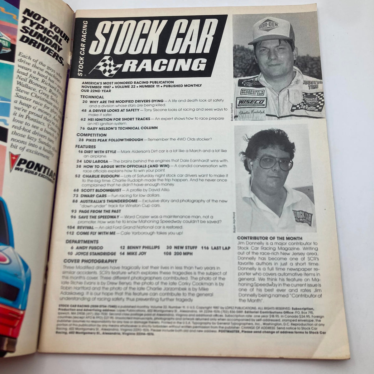 Interior page of the VTG Stock Car Racing Magazine November 1987, showcasing featured articles about safety and racer highlights, including images of notable racers.