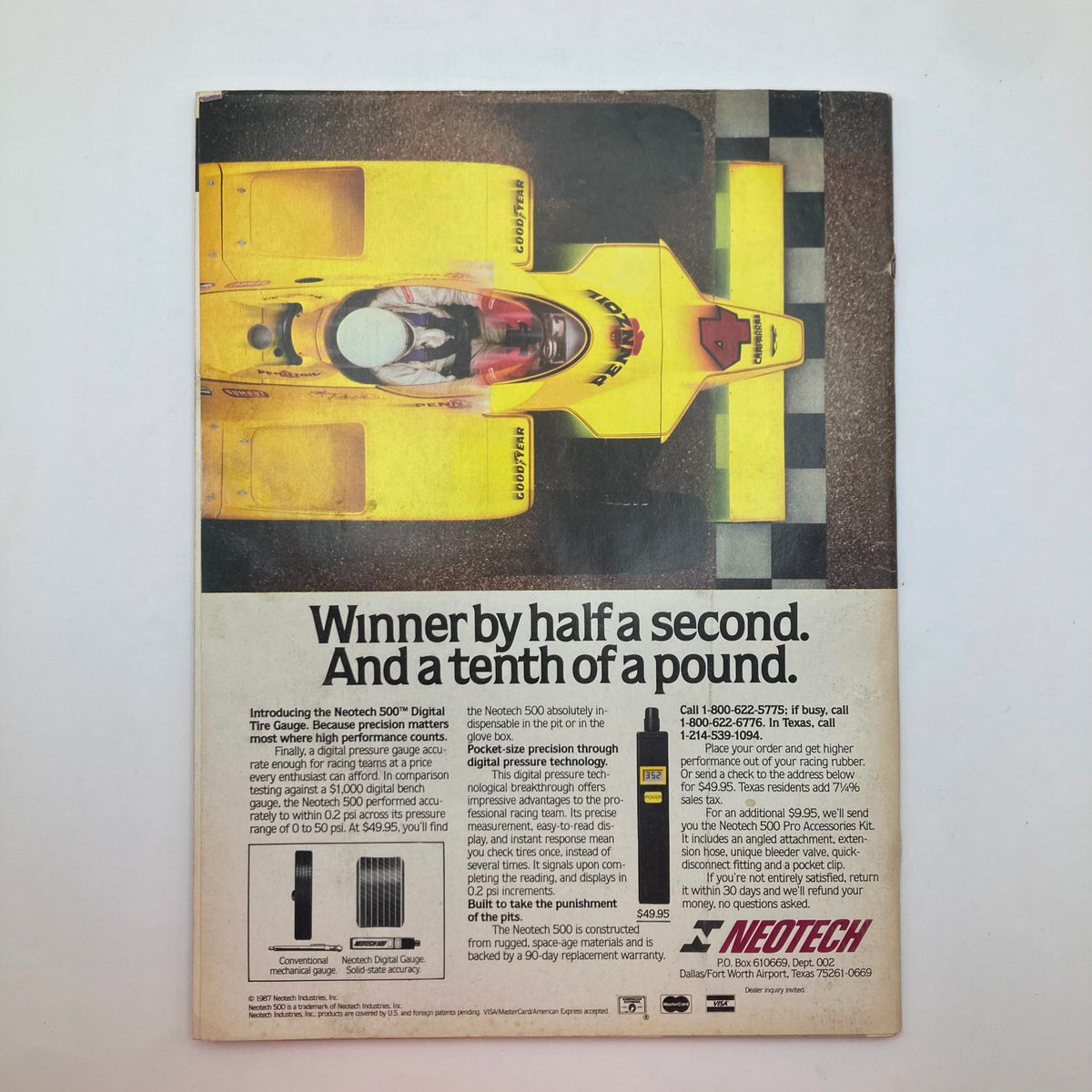 Back cover of the VTG Stock Car Racing Magazine November 1987, advertising the Neotech 500 Digital Tire Gauge alongside an image of a race car and technical details.