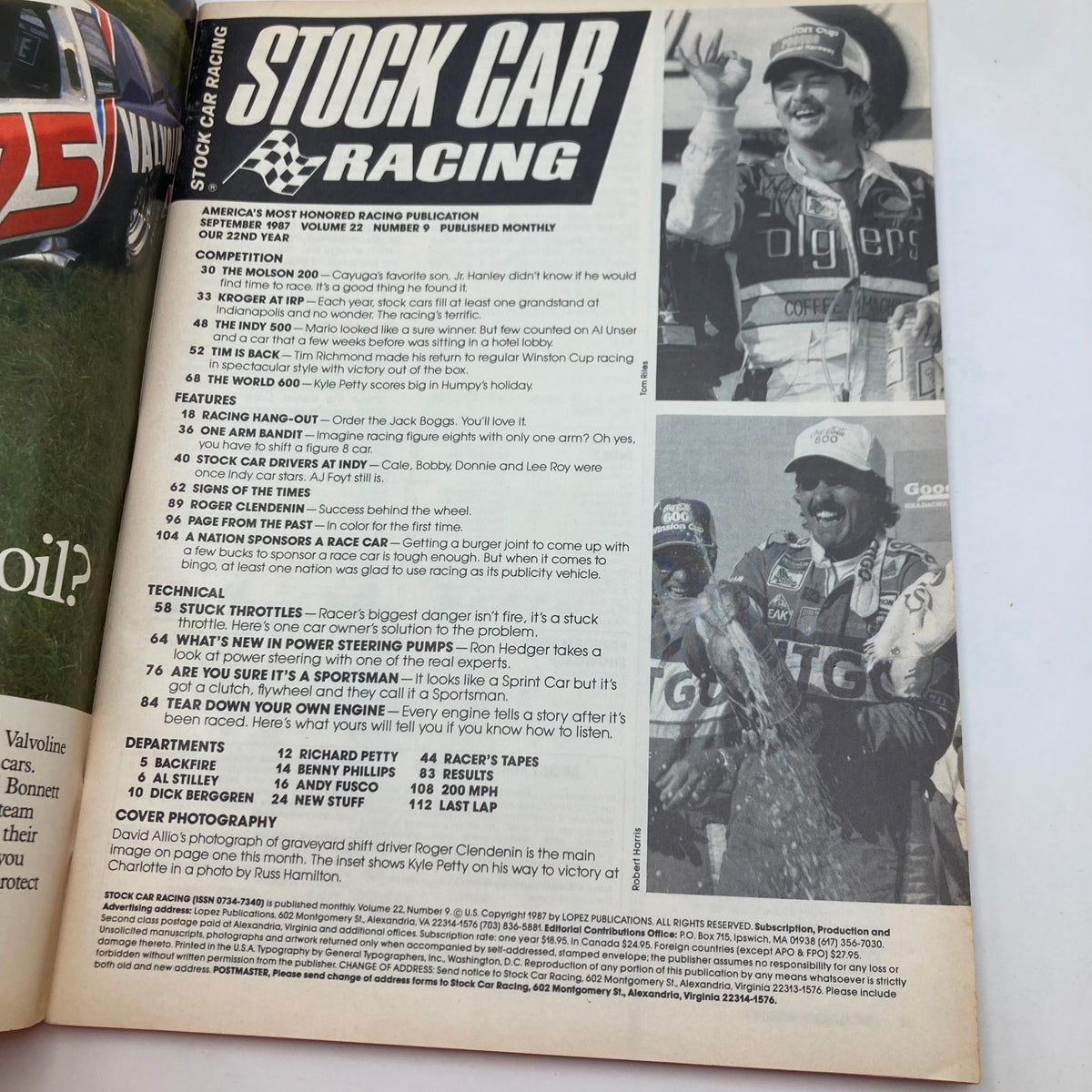 Inside page of the September 1987 Stock Car Racing Magazine displaying features and technical sections, including an article dedicated to driver Roger Clendenin.