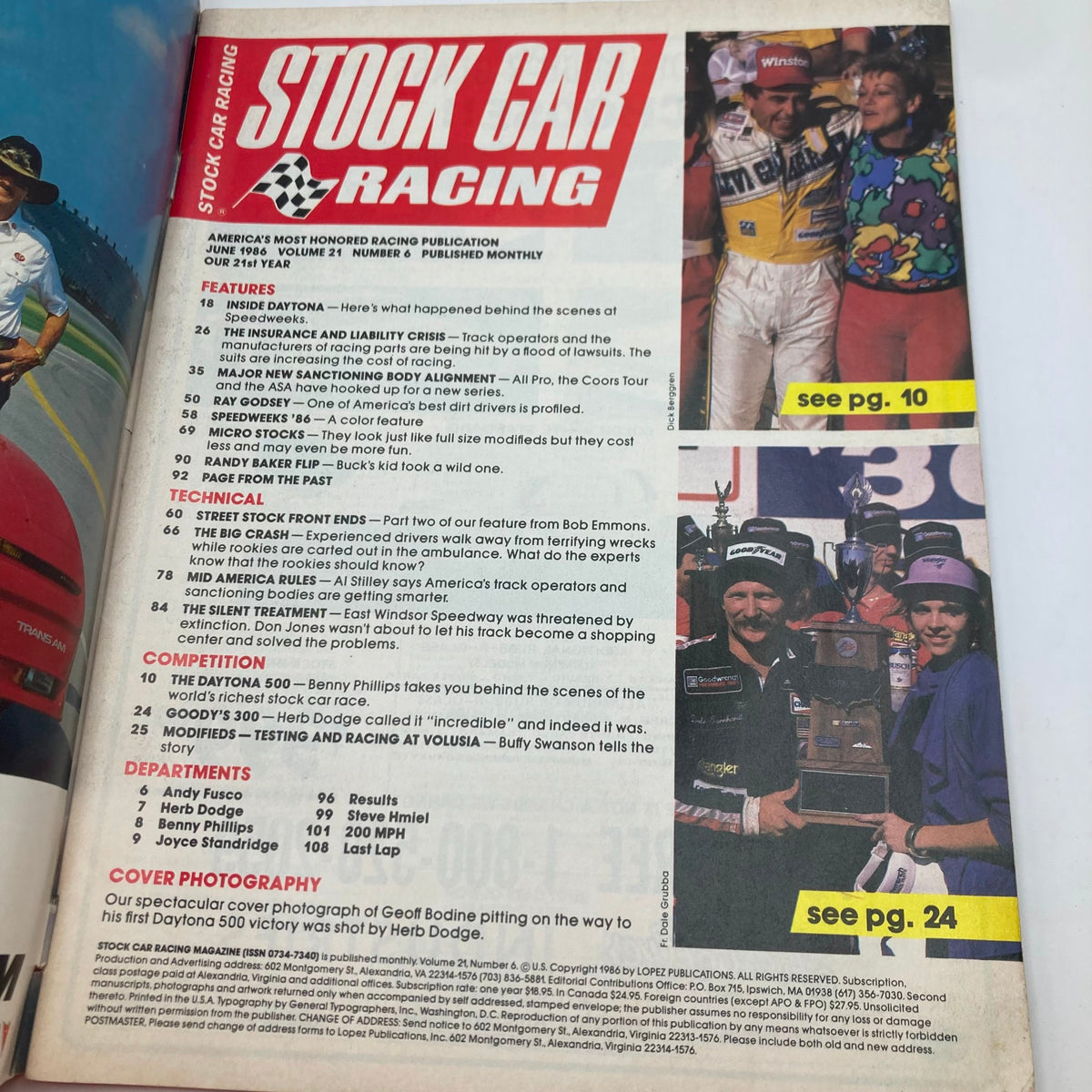 Interior page of the VTG Stock Car Racing Magazine from June 1986, showcasing featured articles and photography about NASCAR and GEOFF BODINE, including a section on behind-the-scenes insights.