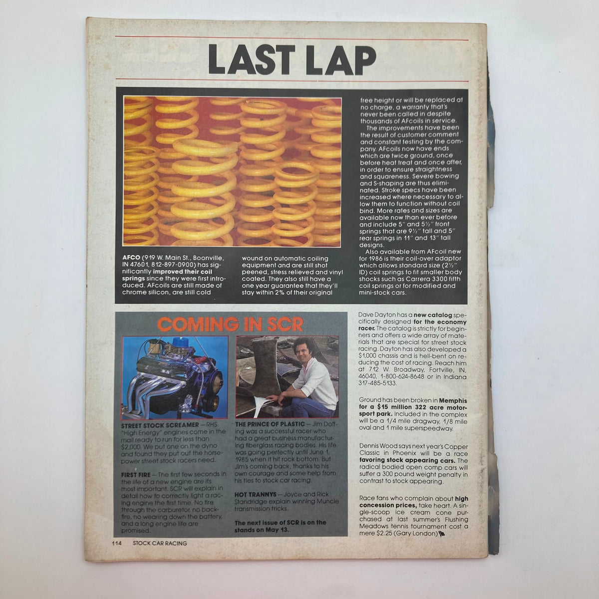 Last page of the VTG Stock Car Racing Magazine from June 1986, featuring articles on car technology and upcoming content, providing a glimpse into the world of stock car racing.