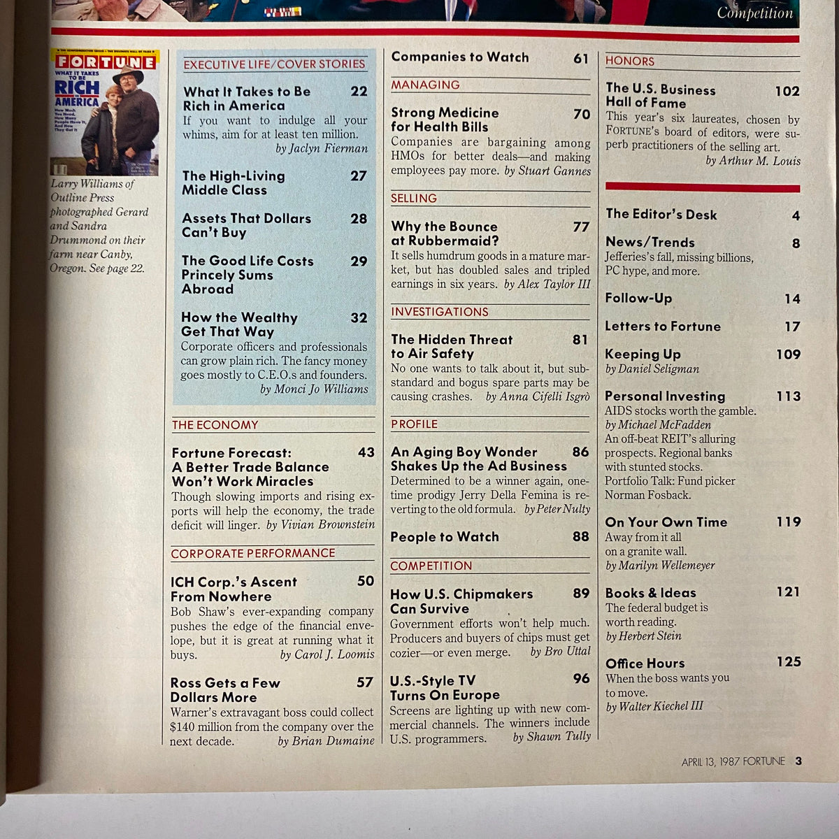 Table of contents from Fortune Magazine dated April 13, 1987 highlighting articles including 'What It Takes to Be Rich in America'.