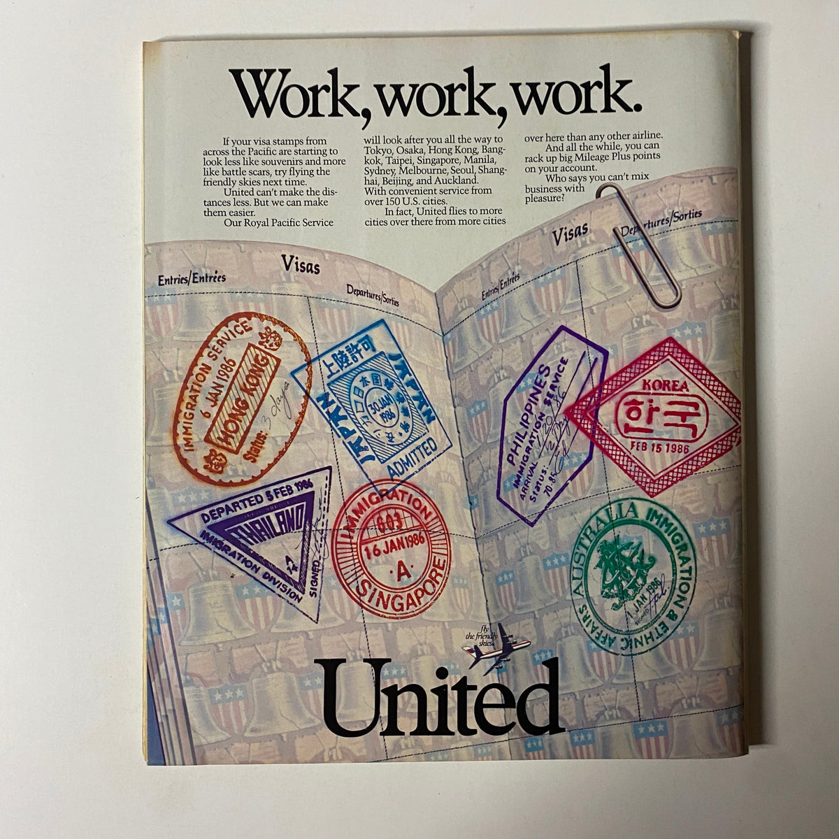 Ad page from Fortune Magazine, November 10, 1986, featuring United Airlines with various visa stamps, enhancing the vintage magazine aesthetic.