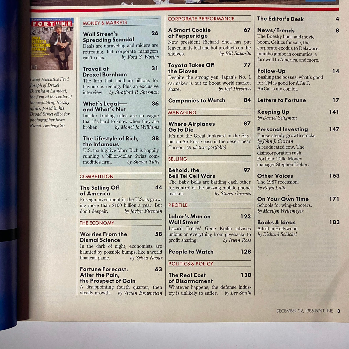 Table of contents from Fortune Magazine December 22, 1986, highlighting key articles including 'Wall Street's Spreading Scandal' and discussions on financial management and corporate performance.