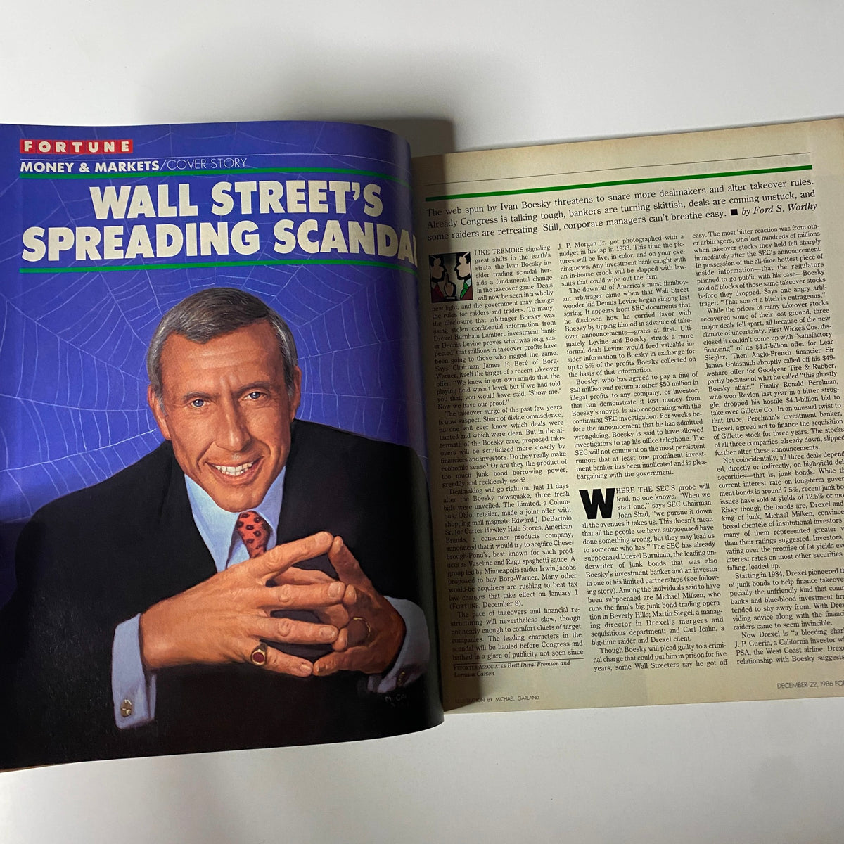 Inside page of Fortune Magazine December 22, 1986 showcasing the cover story 'Wall Street's Spreading Scandal' with a portrait of the prominent figure, emphasizing the financial turmoil of the time.