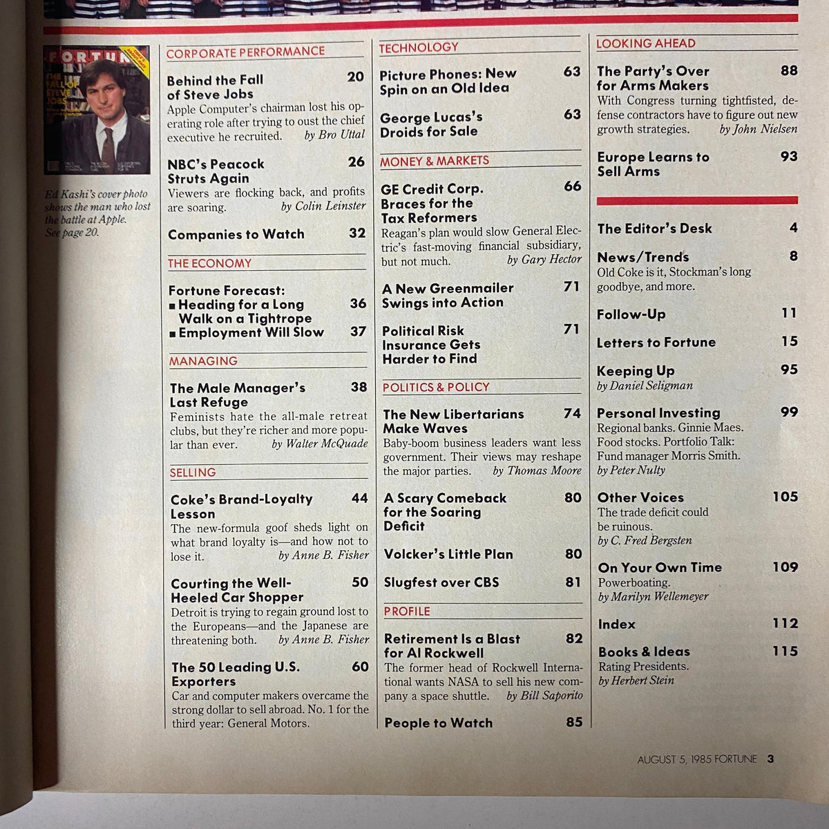 Table of contents from Fortune Magazine August 5, 1985, featuring 'The Fall of Steve Jobs' and articles on corporate performance, economy, technology, and politics.