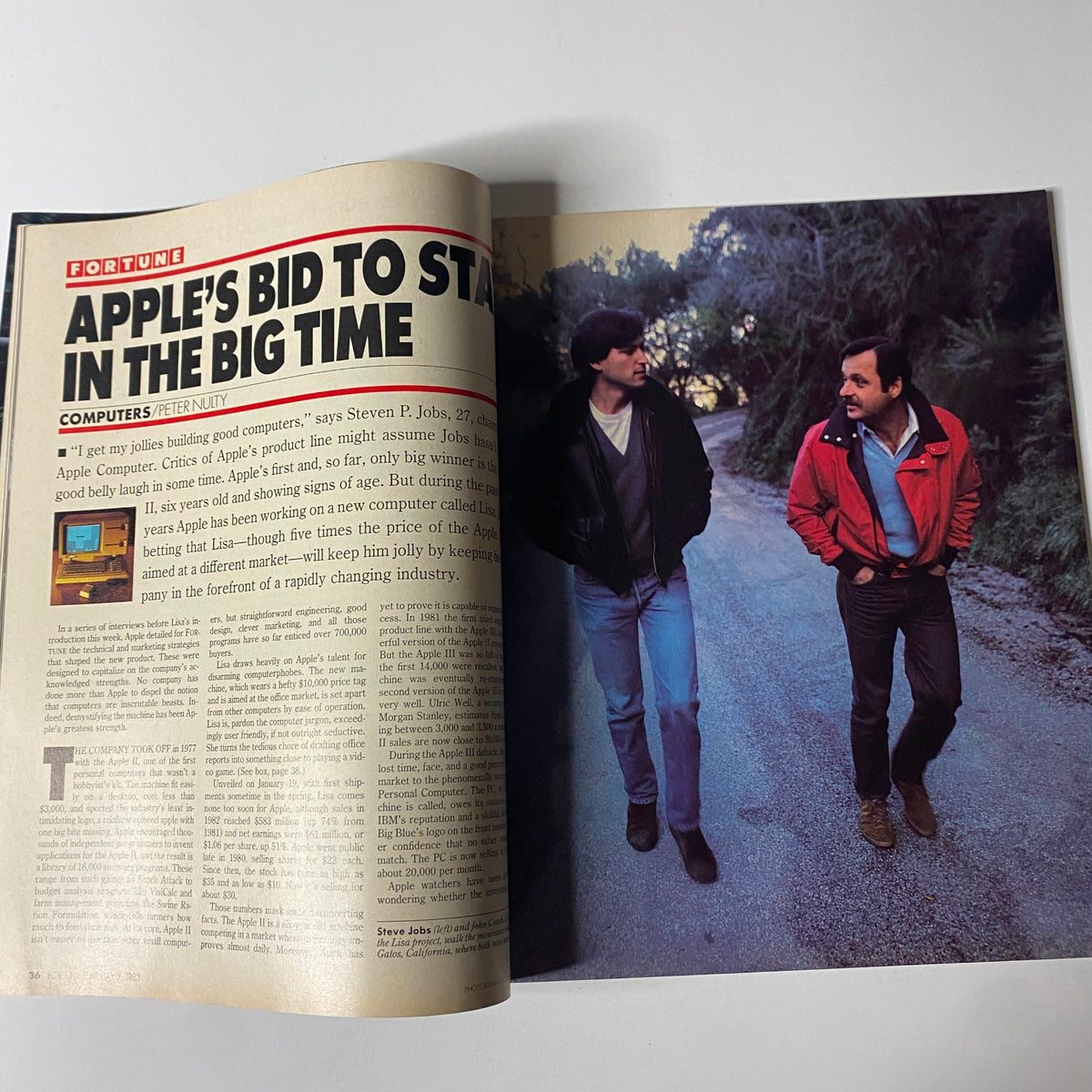 Interior page of Fortune Magazine from February 7, 1983, presenting the article 'Apple's Bid to Stay in the Big Time,' which discusses Apple Computer and Steve Jobs, with accompanying imagery of the company’s developments.