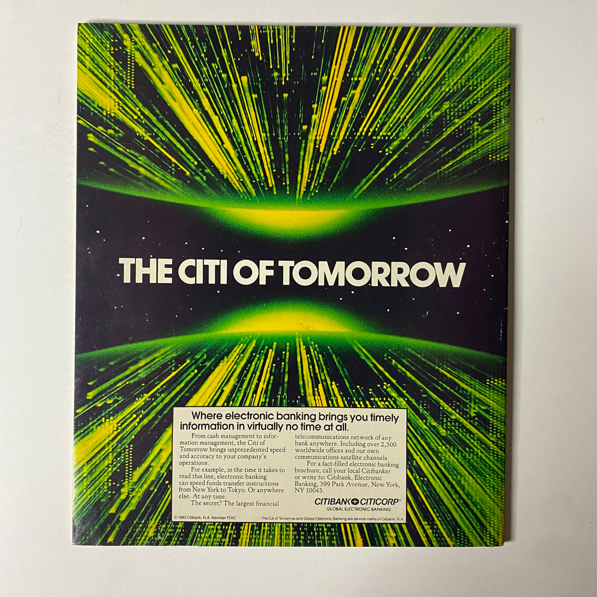 Back cover of Fortune Magazine dated February 7, 1983 featuring an advertisement for 'The Citi of Tomorrow,' promoting electronic banking services, with a graphic design focused on speed and technology.
