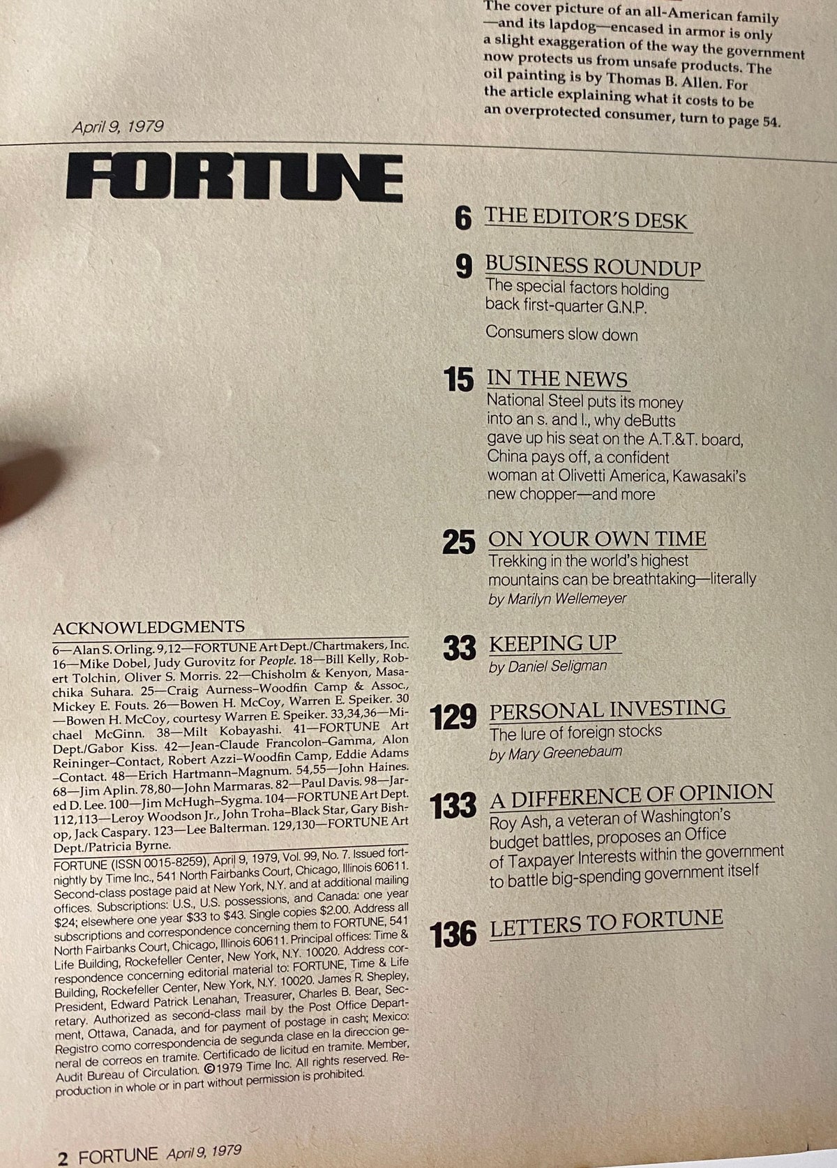 Page two from Fortune Magazine, April 9, 1979, displaying the table of contents with featured articles including 'The Editor's Desk' and 'Business Roundup,' highlighting key economic discussions from the era.