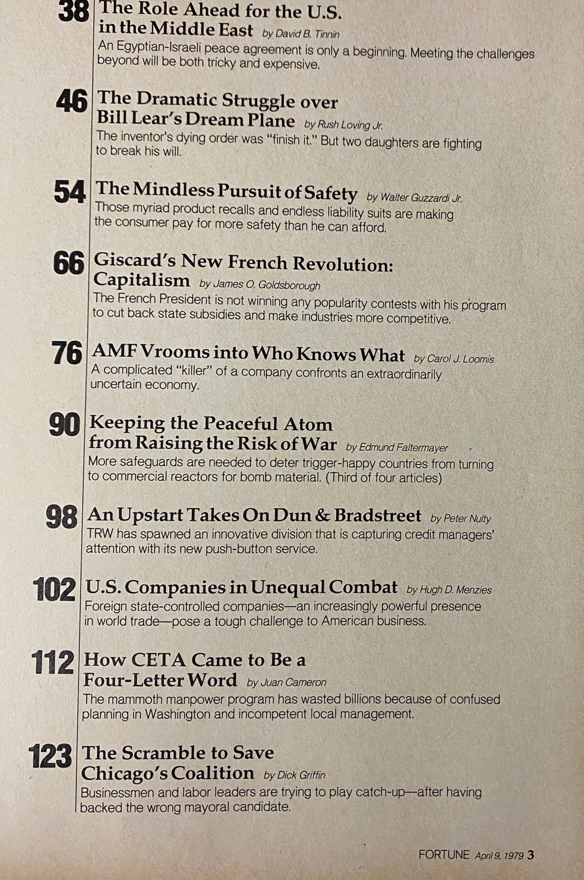 Page three of Fortune Magazine, April 9, 1979, featuring the continuation of the table of contents that includes articles on consumer safety, economic challenges, and the impact of foreign competition.