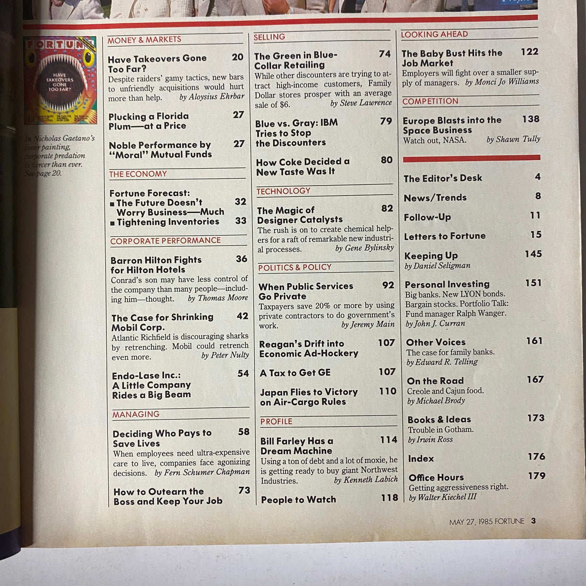 Inside page of Fortune Magazine, May 27, 1985, displaying the table of contents. Key articles include 'Have Takeovers Gone Too Far?' and 'Barron Hilton Fights for Hilton Hotels,' reflecting the financial trends of the mid-1980s.
