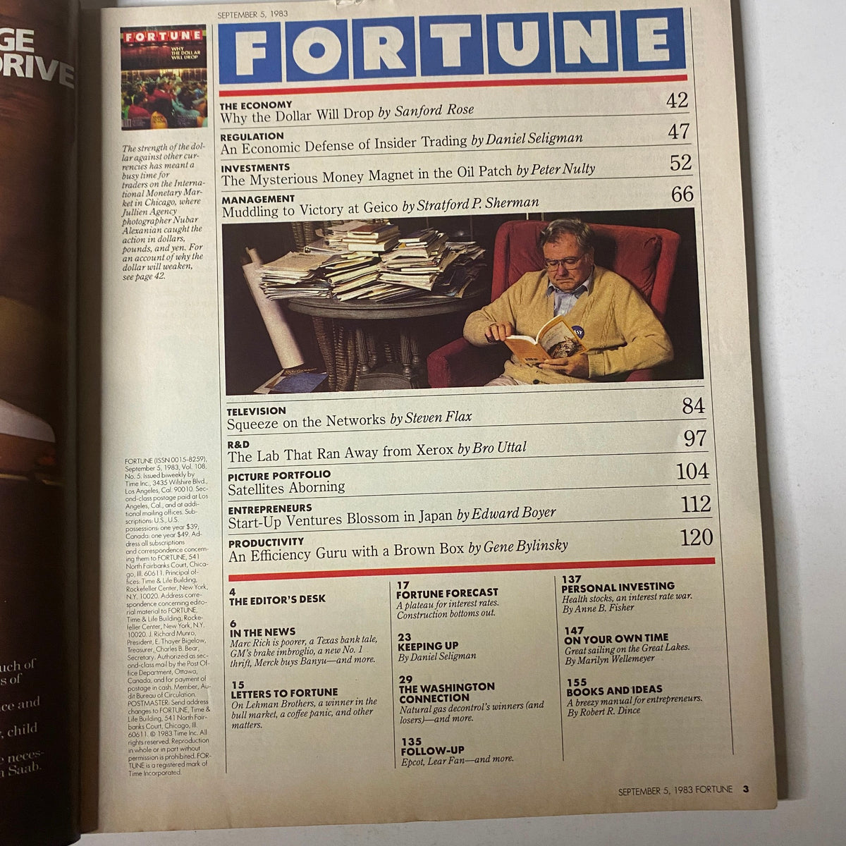 Table of contents page from Fortune Magazine September 5, 1983, highlighting the article 'Why The Dollar Will Drop' by Sanford Rose, along with other featured topics.
