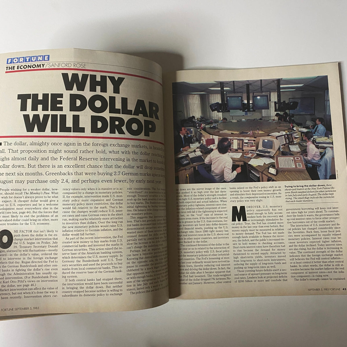 Article page from Fortune Magazine September 5, 1983, titled 'Why The Dollar Will Drop', discussing economic predictions and implications for the dollar's value.