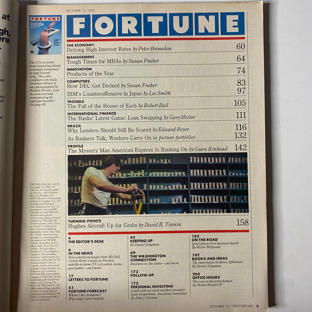 Table of contents from the December 12, 1983 issue of Fortune Magazine, outlining featured articles including 'Defying High Interest Rates' and 'Tough Times for MBAs'.