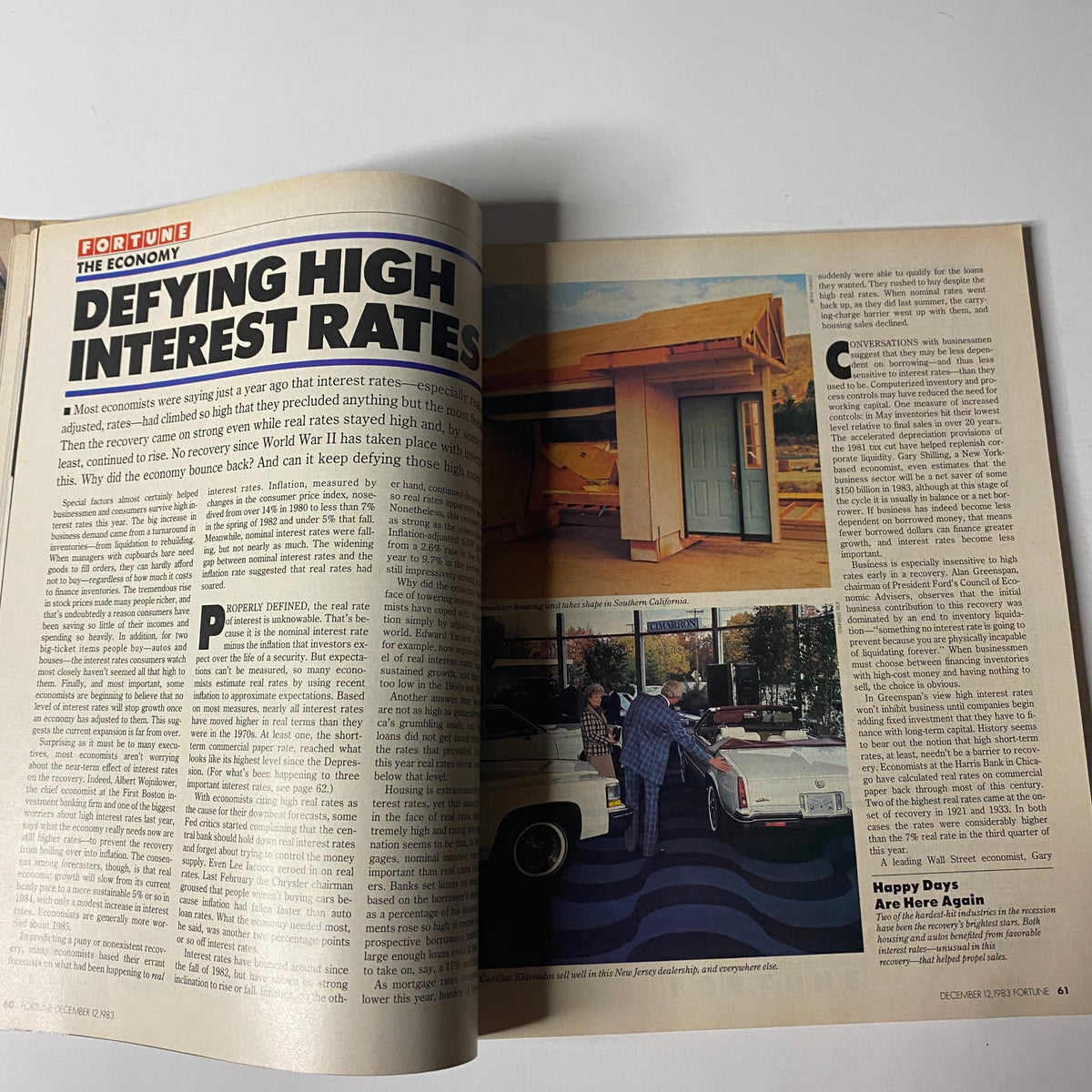 An article page from the December 12, 1983 issue of Fortune Magazine discussing the impact of high interest rates on the economy, including insights on real estate and financial recovery.